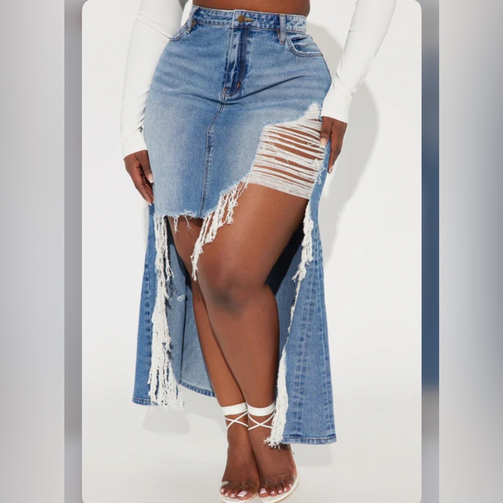 High Low Denim Skirt with Distressed Details